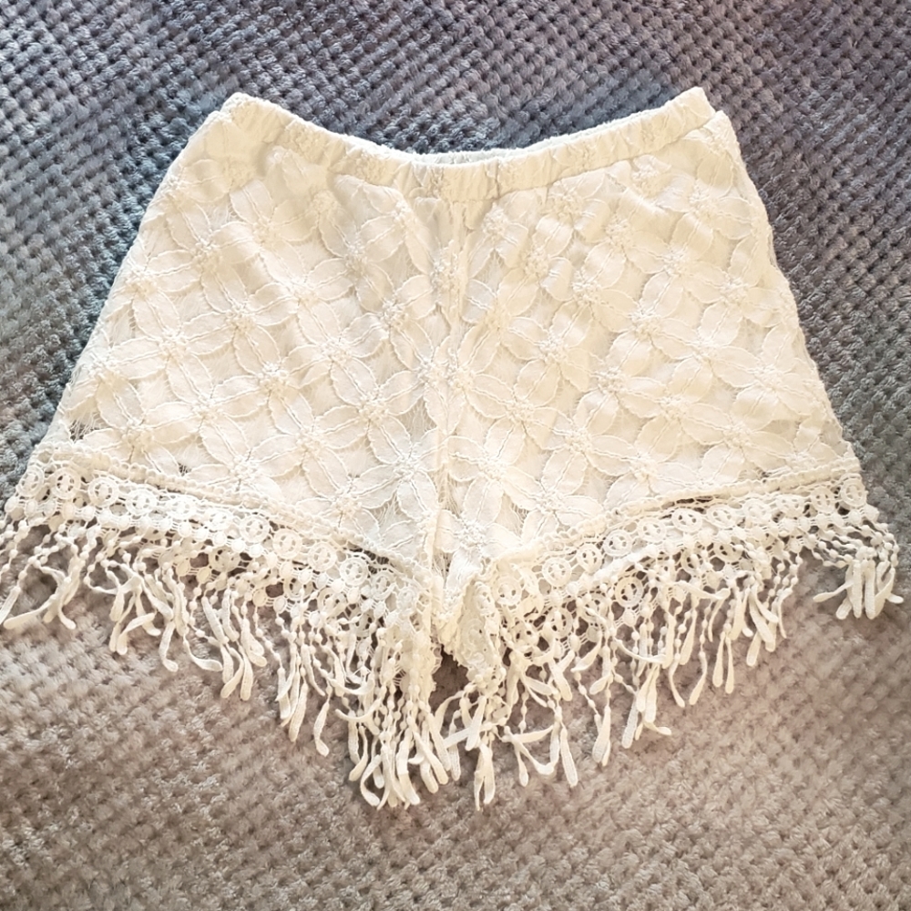 White Fringe Shorts